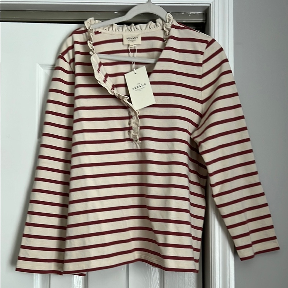 Sezane Red and Cream Striped Ruffle Top